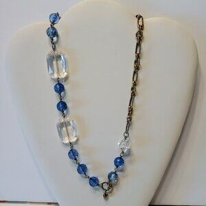 VTG 12" Chunky Faceted Crystal/ Sky Blue Textured Pattern Glass Beads Claw Clasp